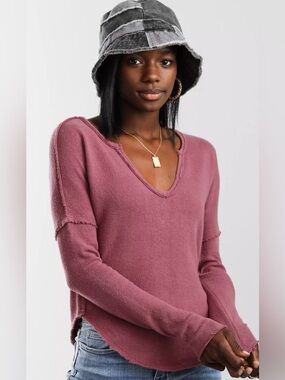 Free People Come And Get It Top Pink Raw Edge Slouchy Knit Size Large